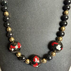 Vintage Black Onyx and  Gold Bead 32” Necklace Featuring 3  Cloisonné Beads